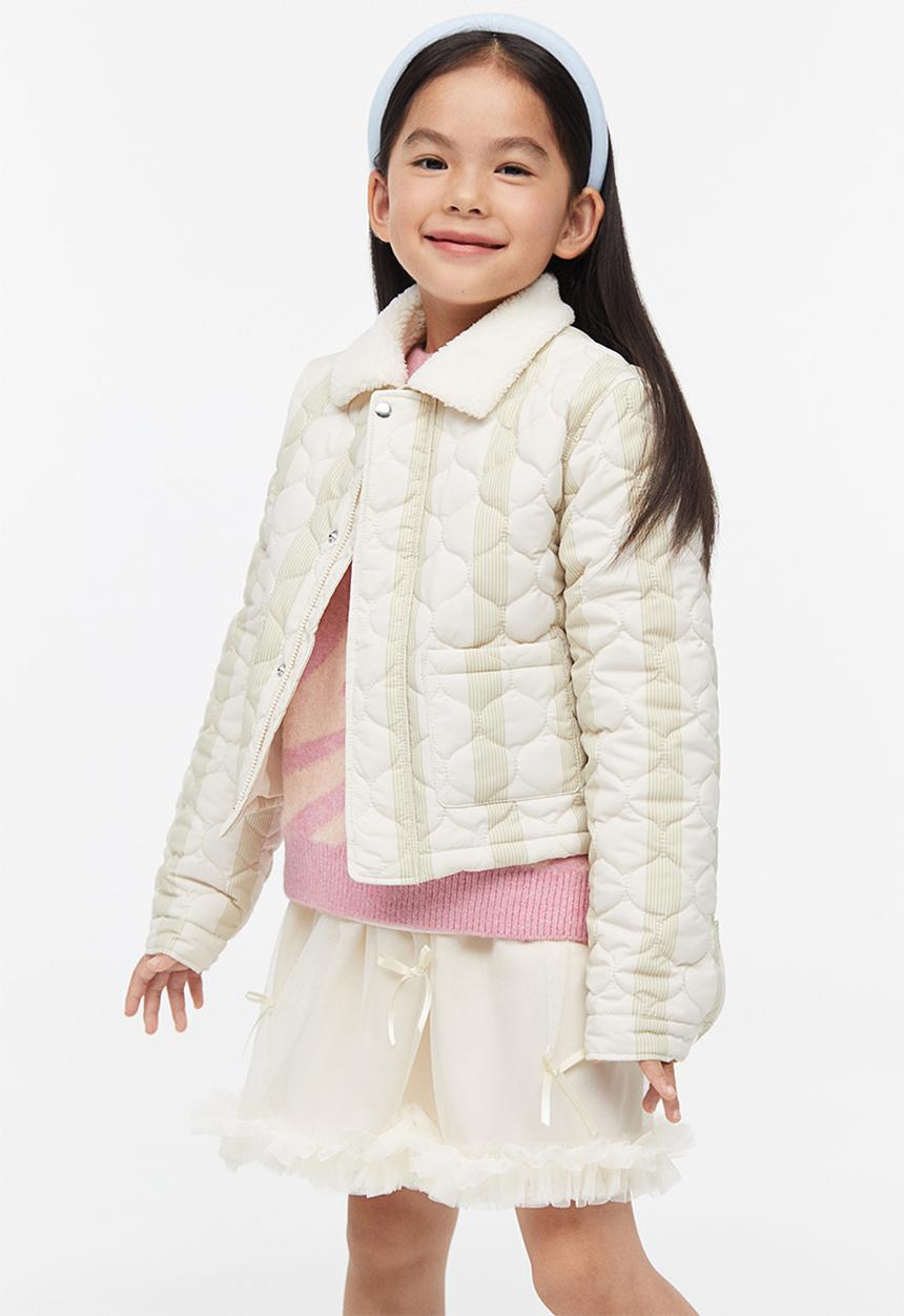 H&M - Teddy-collared jacket - light beige striped