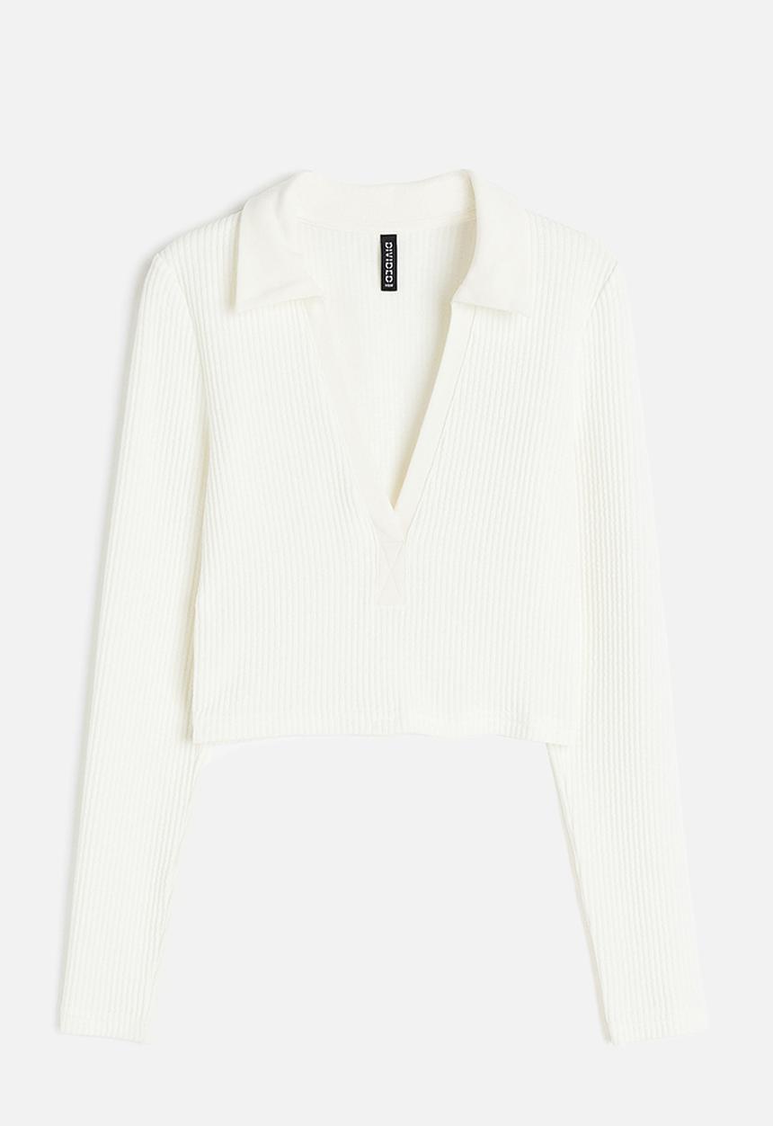H&M - Collared jersey top - cream 