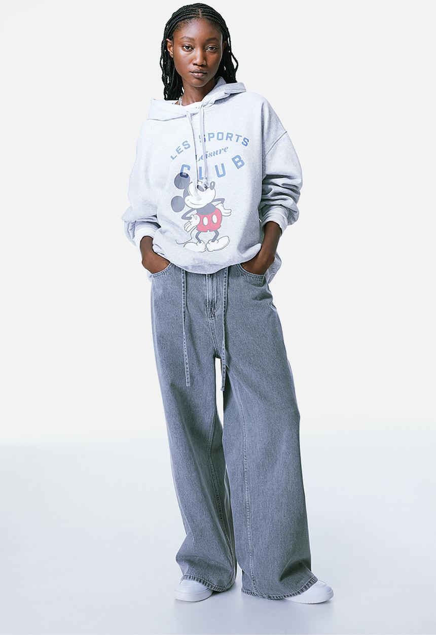 H&M - Oversized printed hoodie - light grey marl & mickey mouse