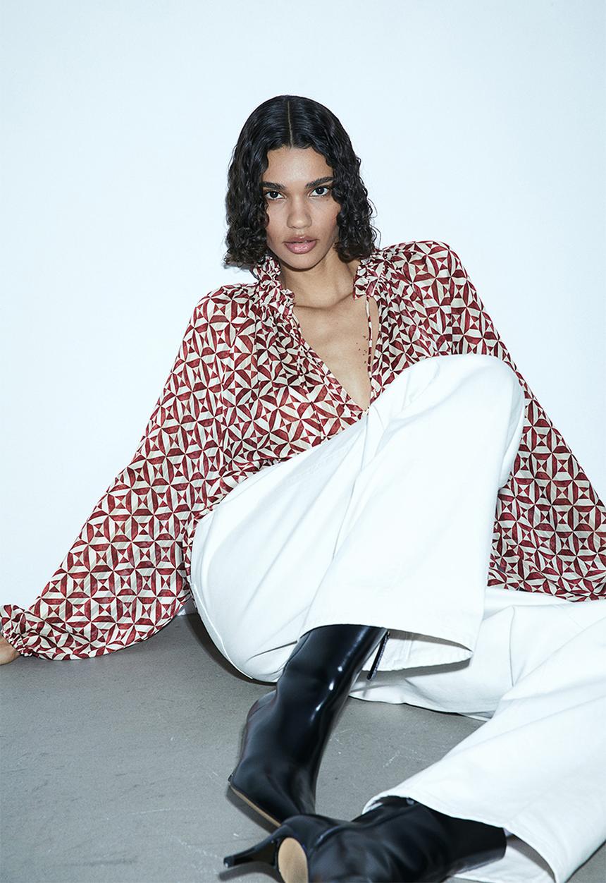 H&M - Frill-trimmed crêpe blouse - dark red patterned