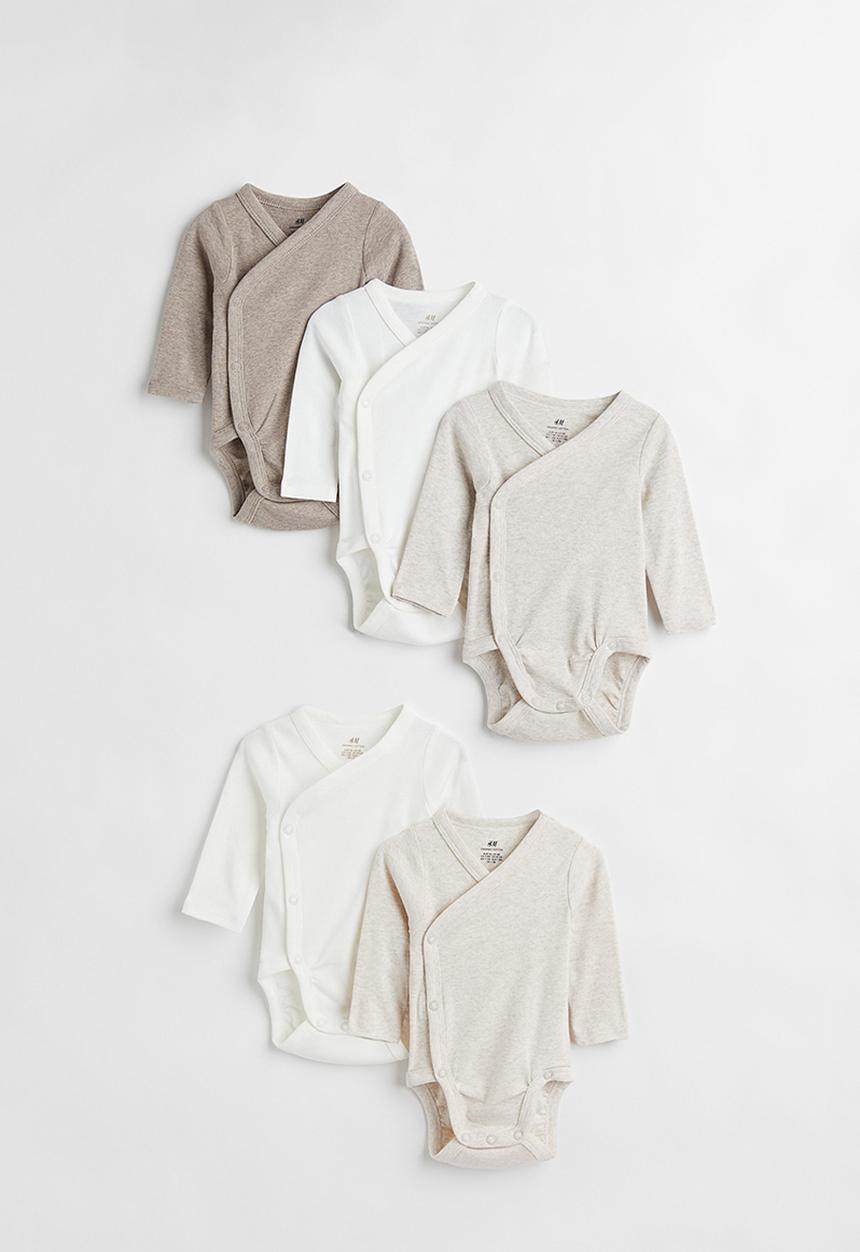 H&M - 5-pack wrapover bodysuits - beige,white