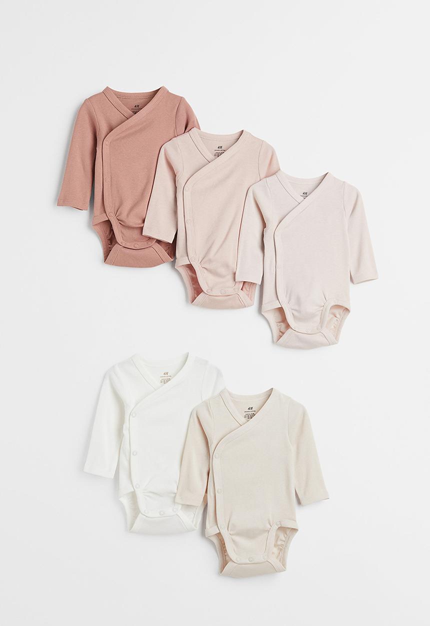 H&M - 5-pack wrapover bodysuits - beige,pink,white