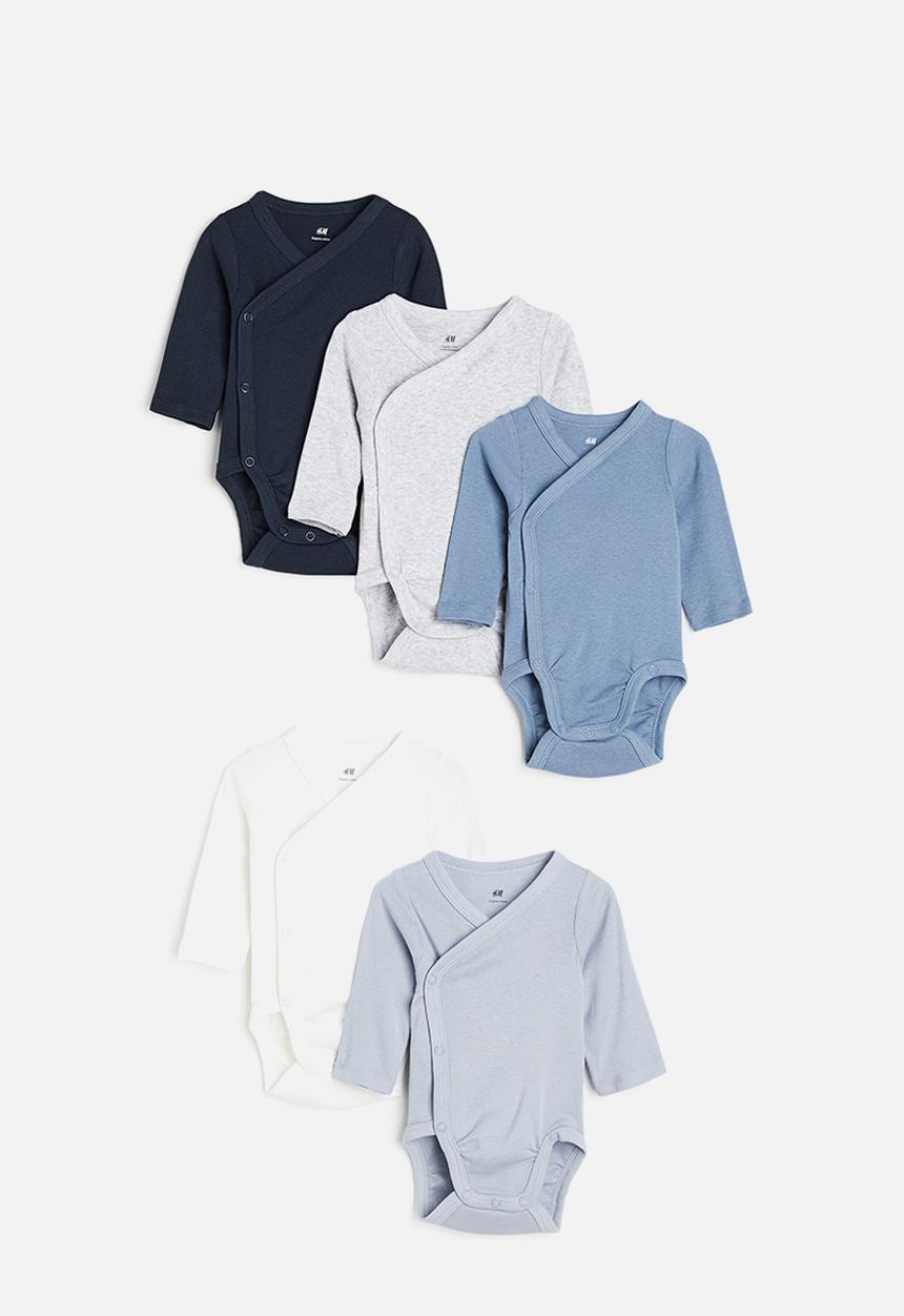 H&M - 5-pack wrapover bodysuits - blue,grey,white