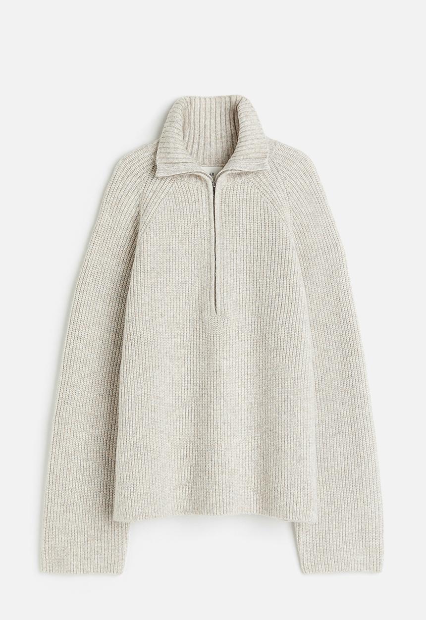 H&M - Zip-top rib-knit jumper - light beige marl