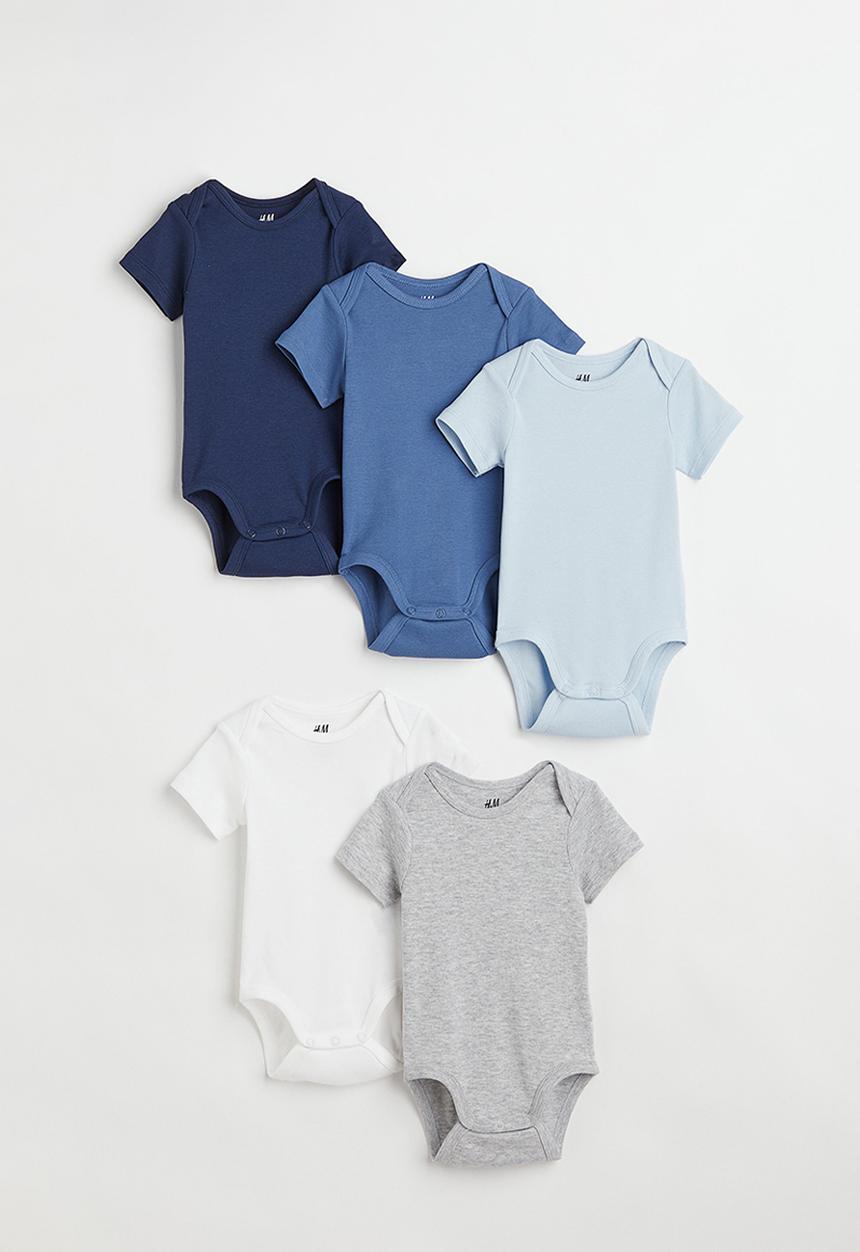 H&M - 5-pack cotton bodysuits - blue,grey,white