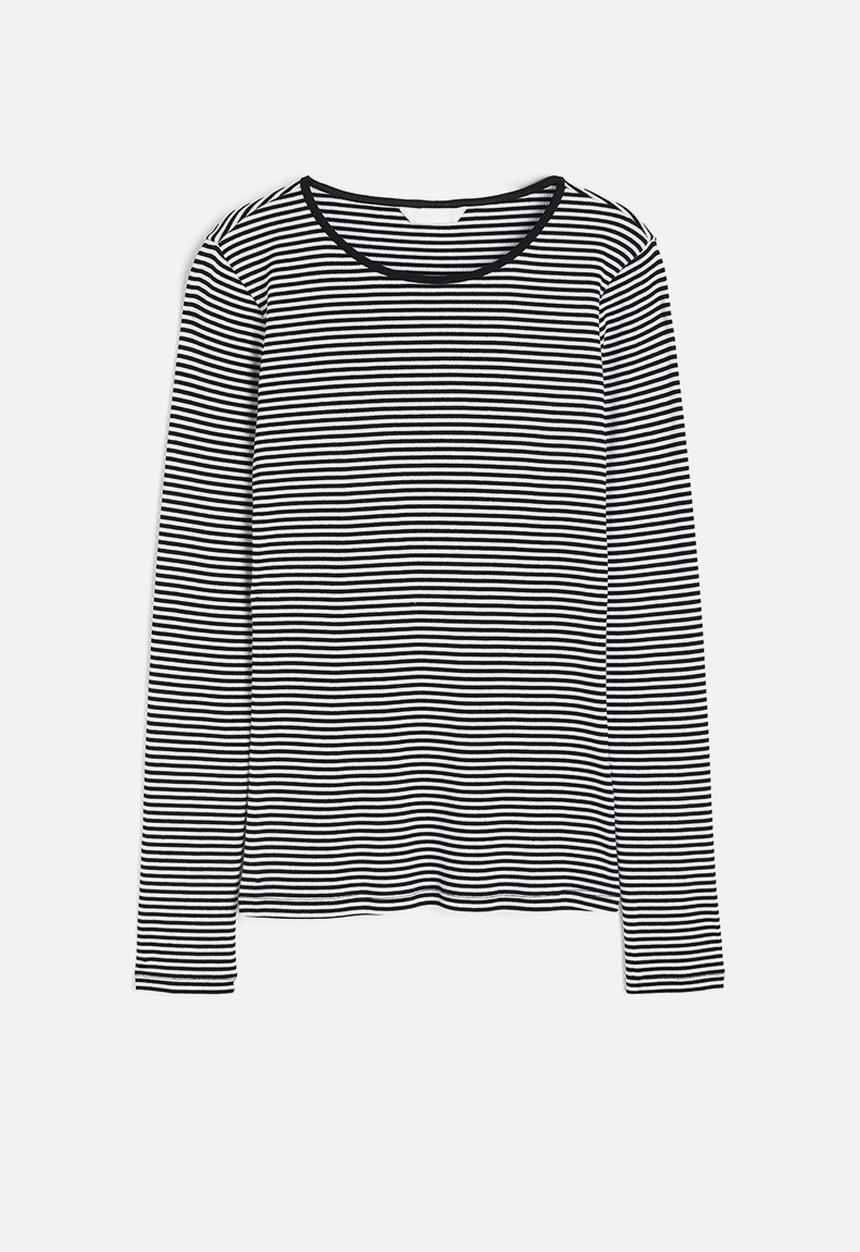 H&M - Ribbed jersey top - black/striped