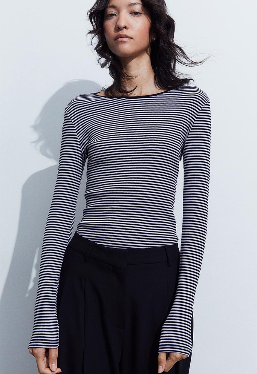 H&M - Ribbed jersey top - black/striped