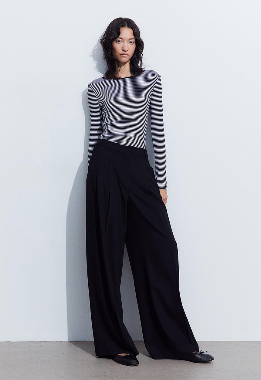 H&M - Ribbed jersey top - black/striped