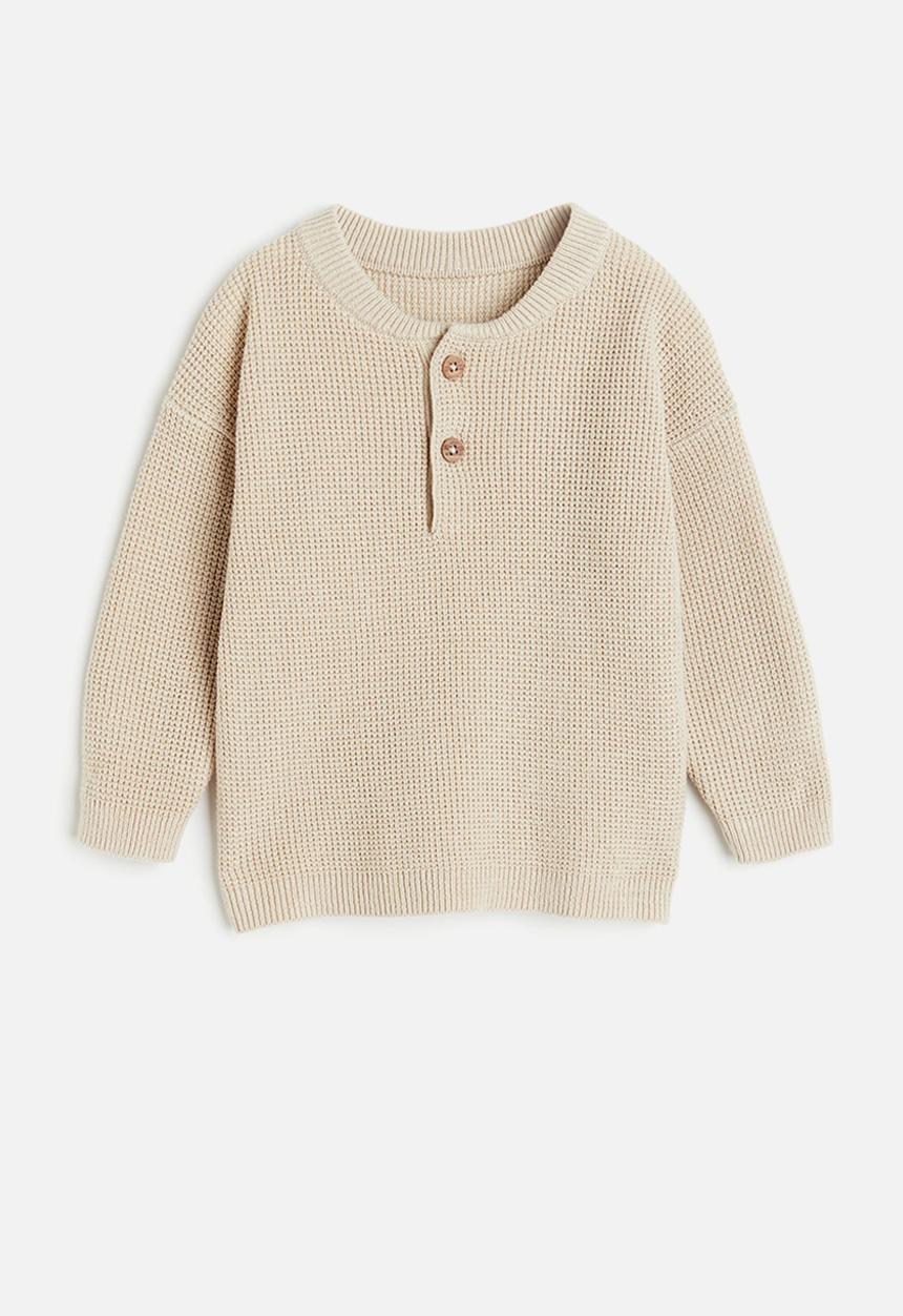 H&M - Waffle-knit henley top - light beige 