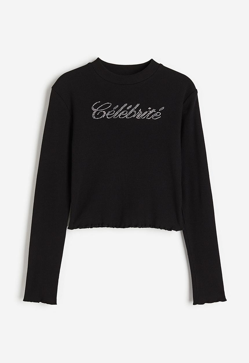 H&M - Ribbed cotton jersey cropped top - black & célébrité
