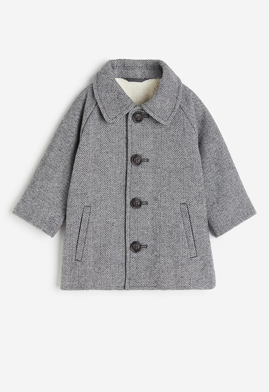 H&M - Pile-lined coat - grey herringbone-patterned 
