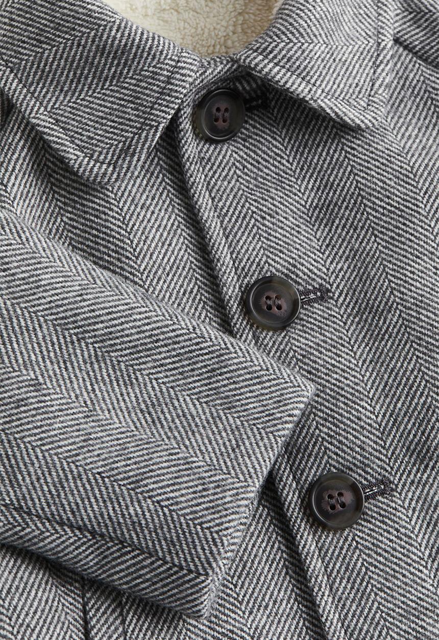 H&M - Pile-lined coat - grey herringbone-patterned 