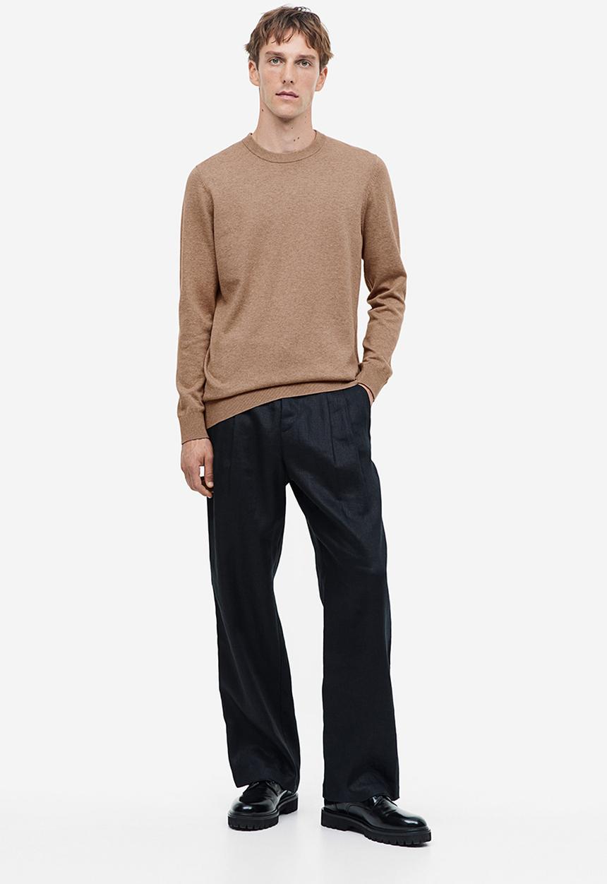 H&M - Slim fit fine-knit cotton jumper - dark beige marl