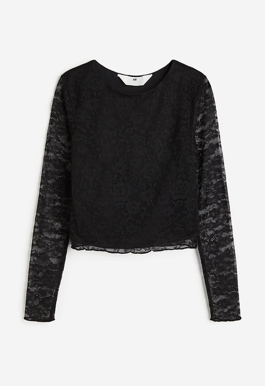 H&M - Long-sleeved lace top - black