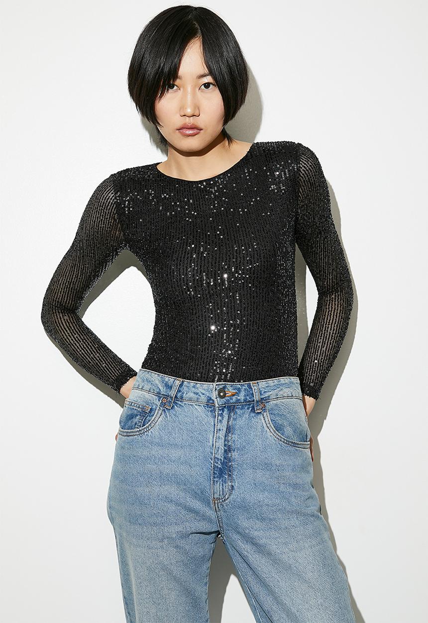 VELVET - Bling boatneck bodysuit - black