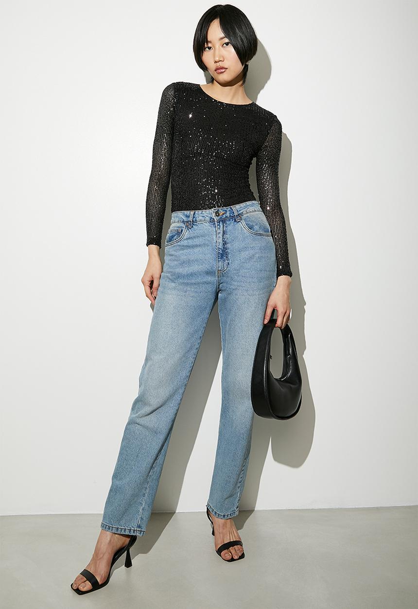 VELVET - Bling boatneck bodysuit - black