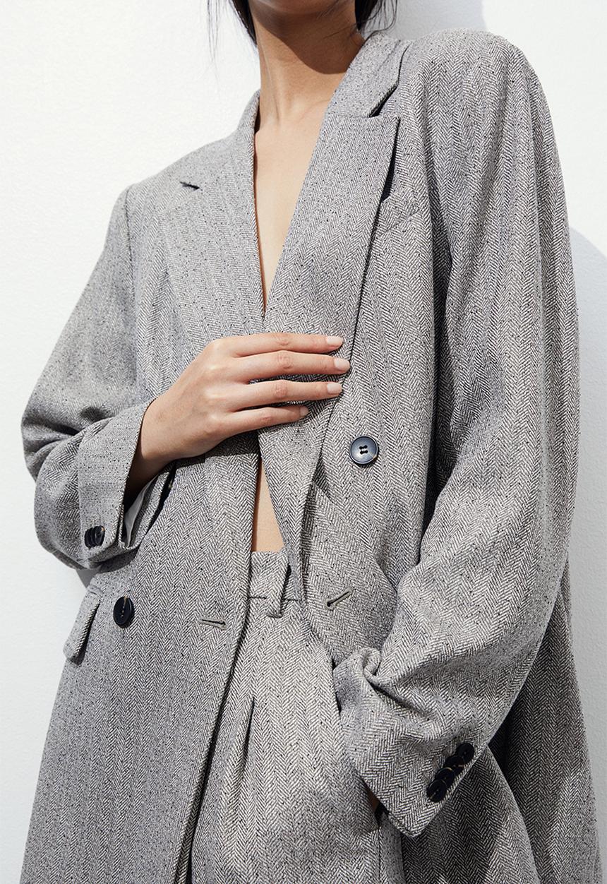 H&M - Double-breasted blazer - greige/herringbone-patterned