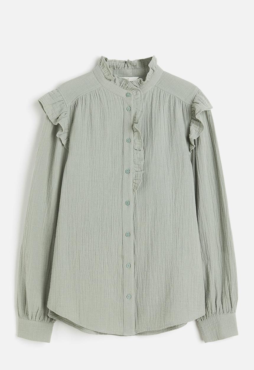 H&M - Frill-trimmed muslin blouse - sage green
