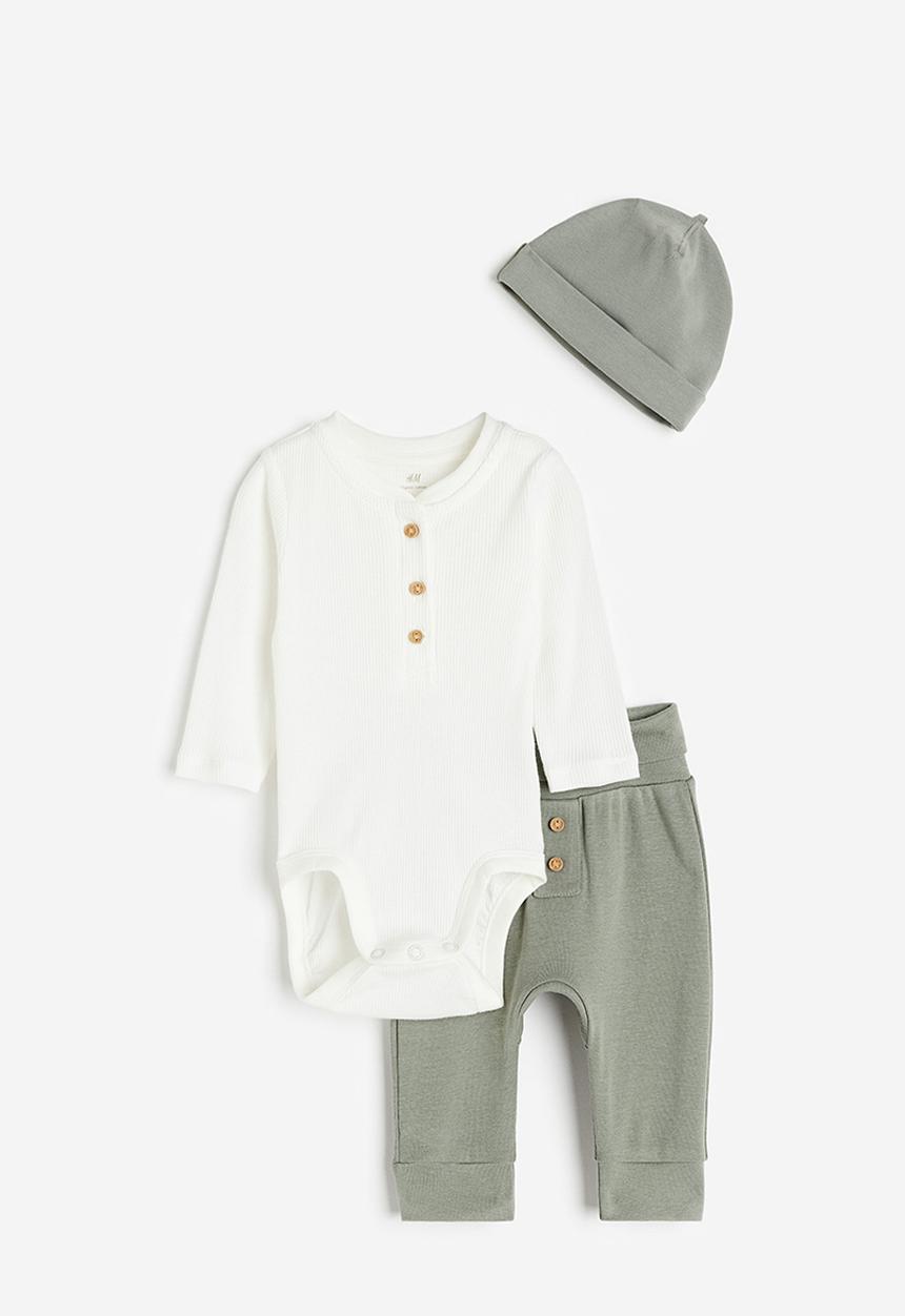 H&M - 3 piece cotton set - khaki green/white