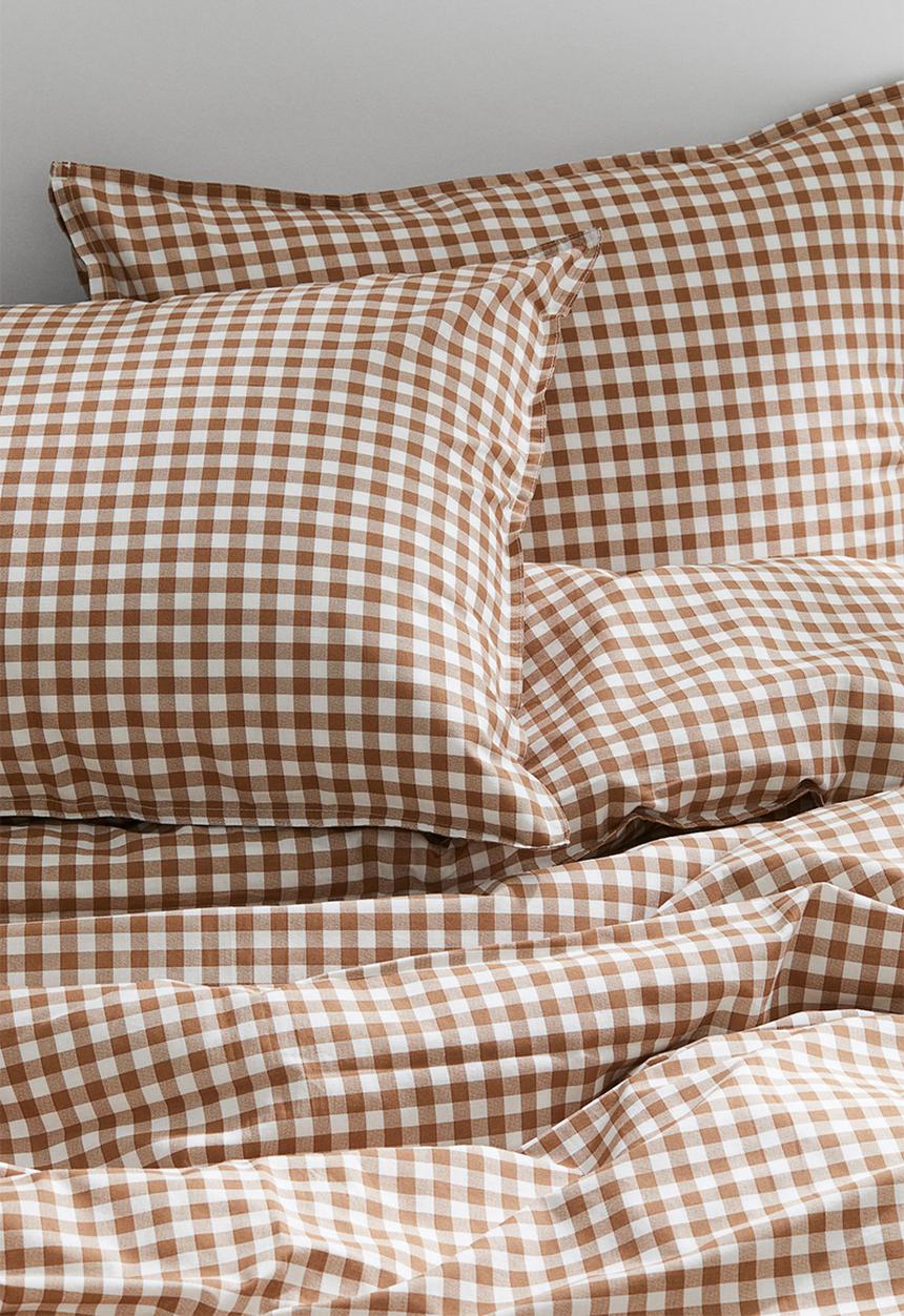 H&M - Patterned double/king size duvet cover set - brown/gingham-checked