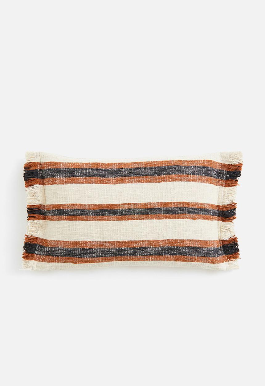 H&M - Fringed cushion cover - light beige/striped