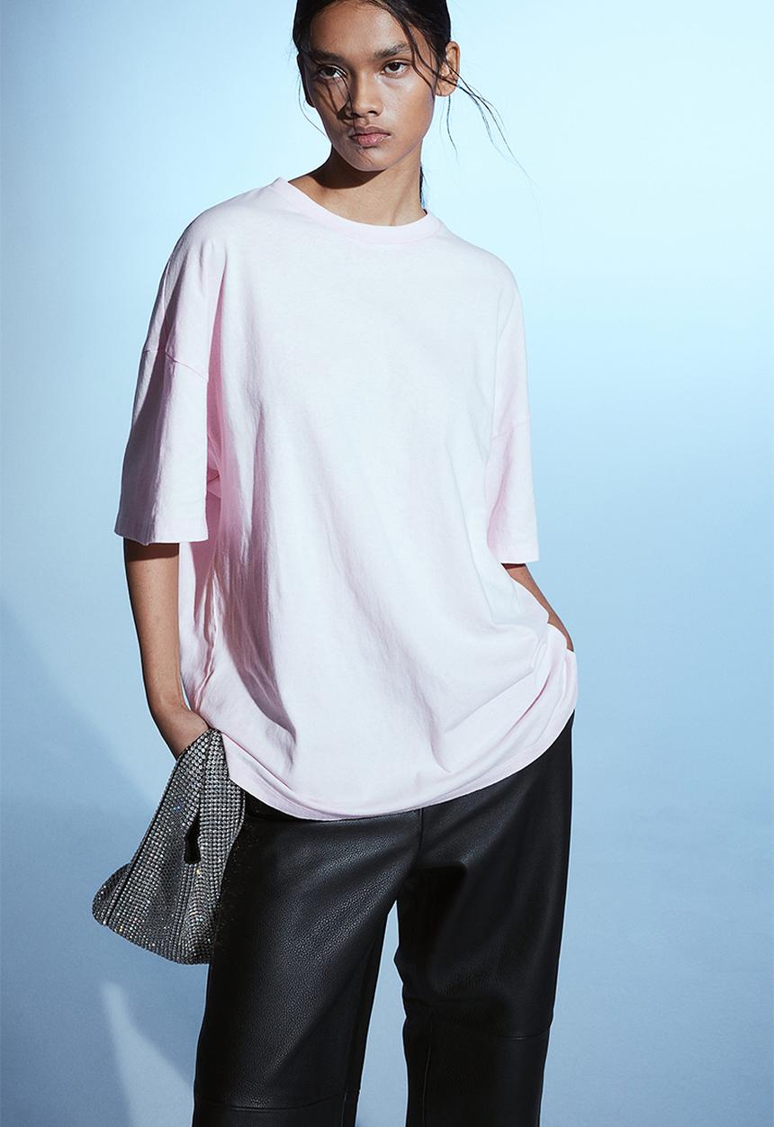 H&M - Oversized washed-look T-shirt - light pink 