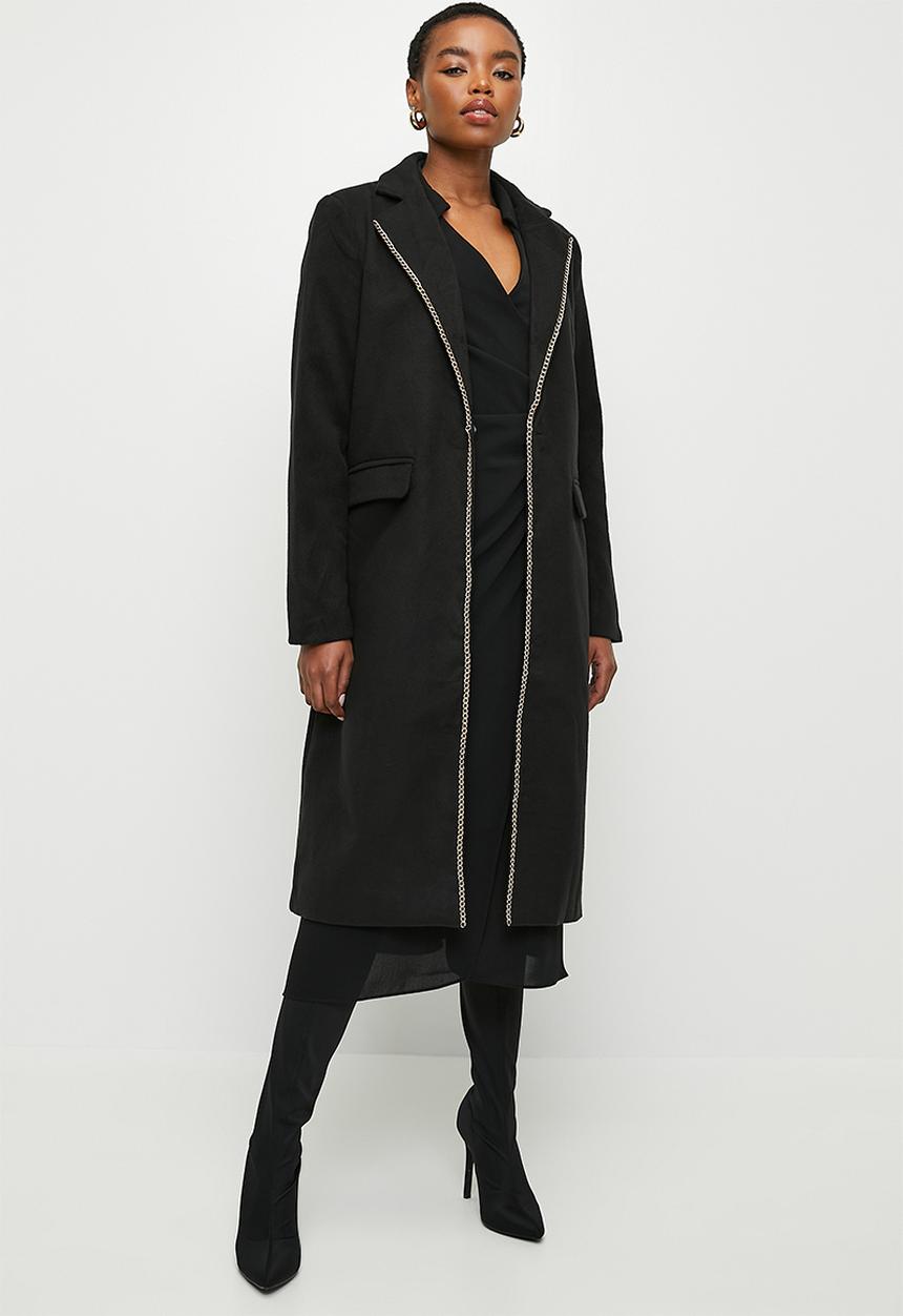 Single breasted coat with chain trim - black