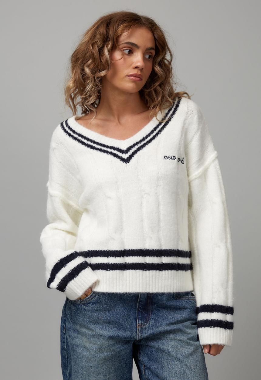Factorie - Addison Cable V-neck Jumper - White/New York