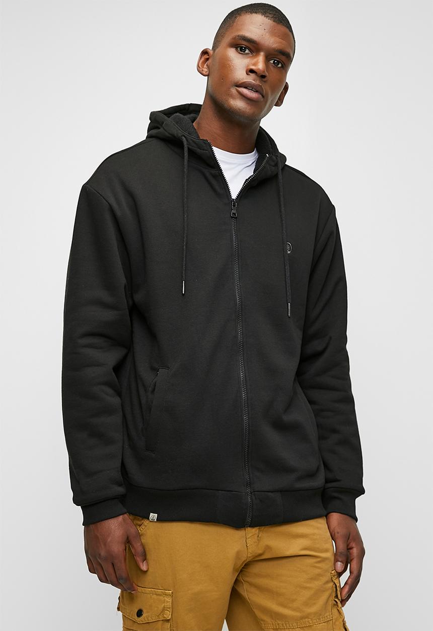 Lark & Crosse - Themba Sherpa Lined Zip Thru Hoodie Pullover - Black