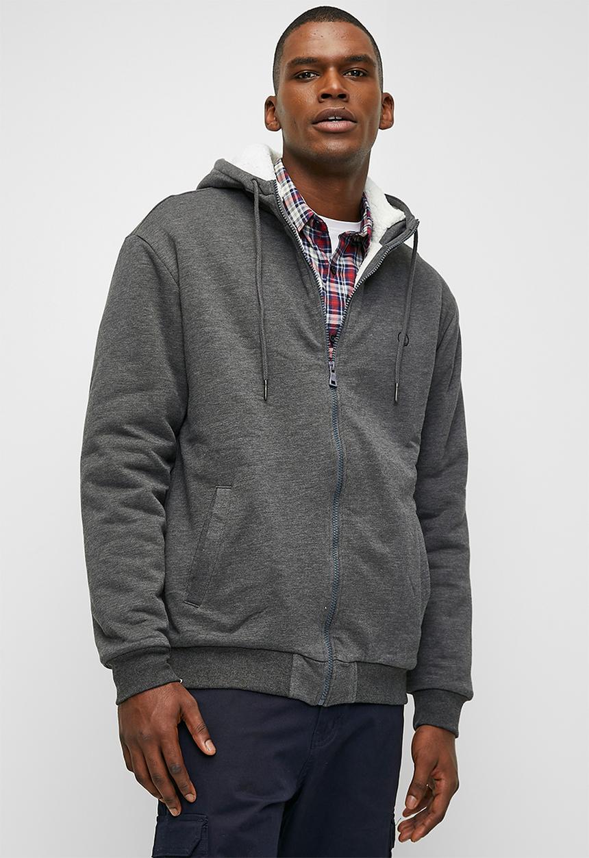 Lark & Crosse - Themba Sherpa Lined Zip Thru Hoodie Pullover - Charcoal Mel