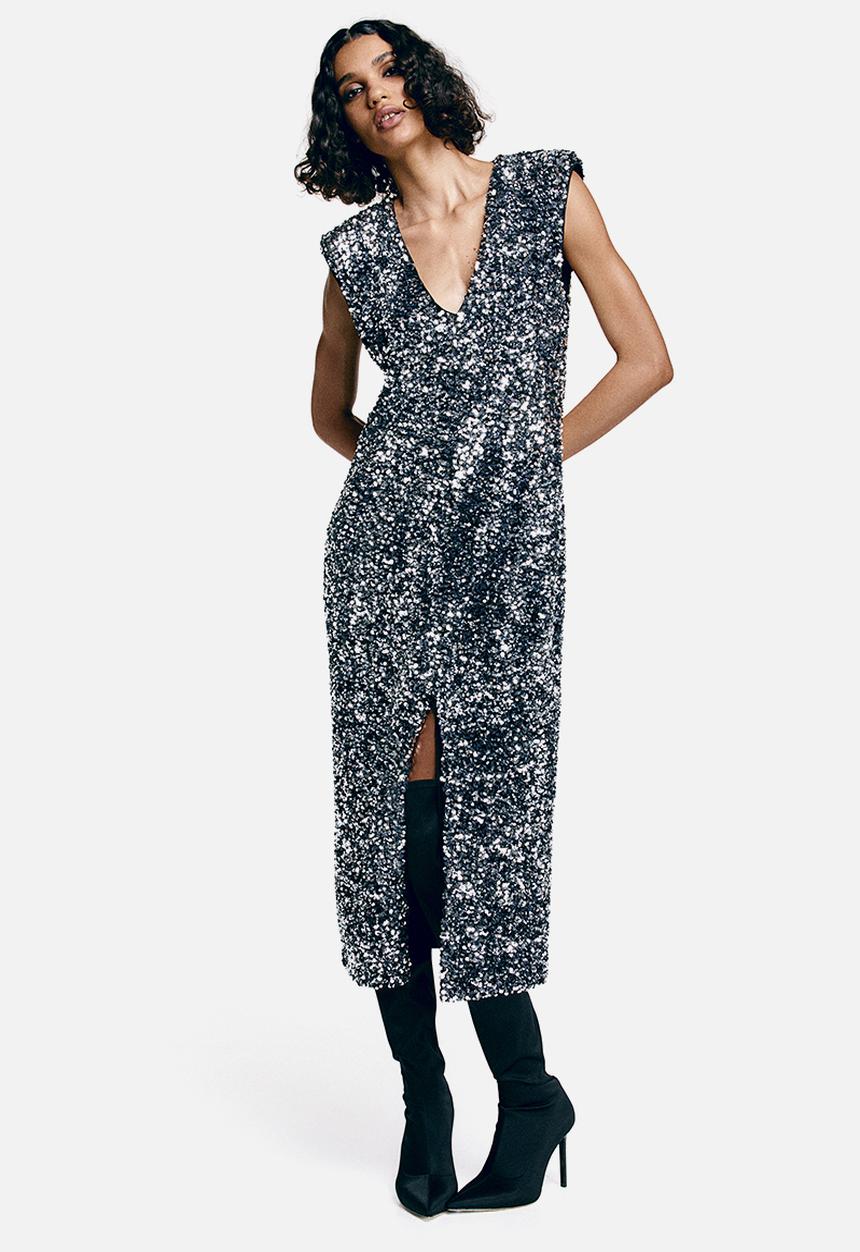 H&M - Sequined slit-hem dress - grey silver-coloured