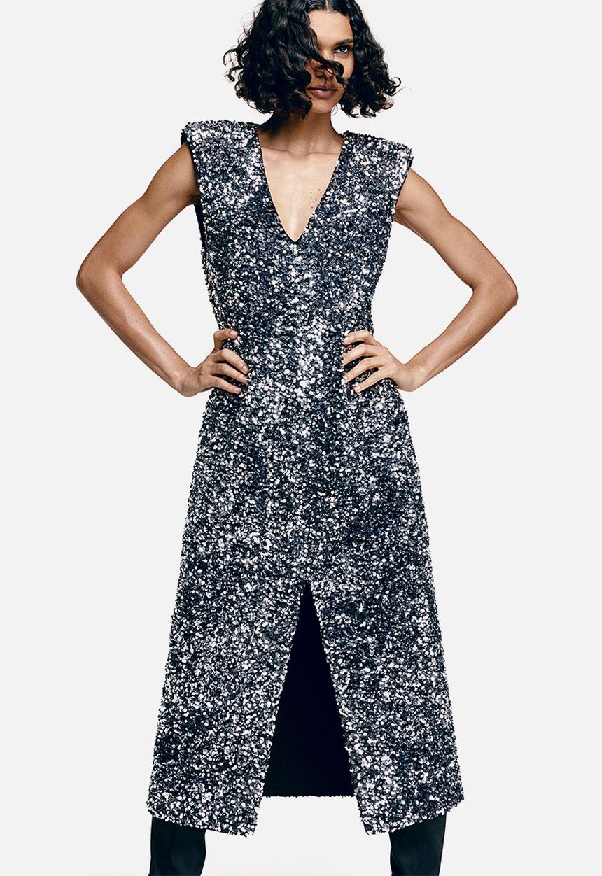 H&M - Sequined slit-hem dress - grey silver-coloured