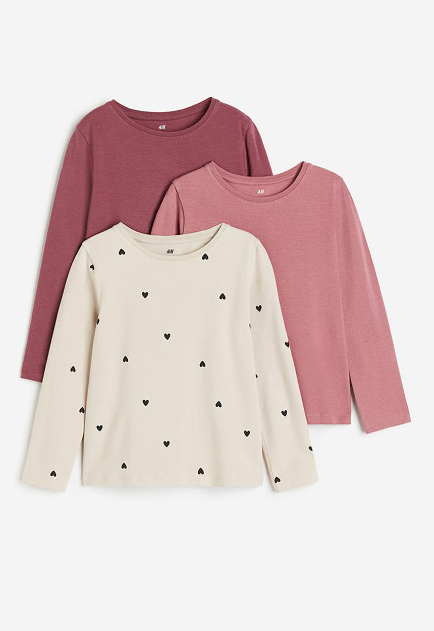 H&M - 3-Pack long-sleeved tops - dusty pink hearts
