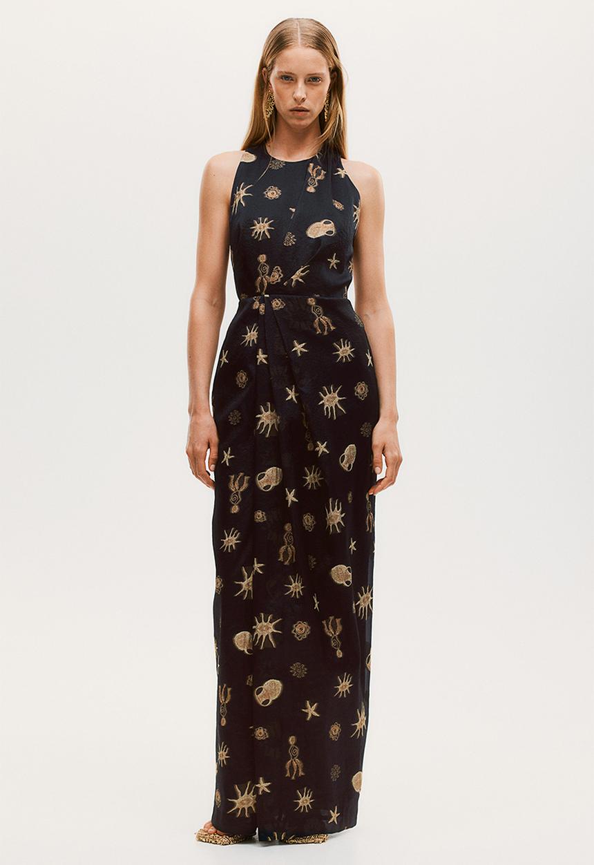H&M - H&M Studio: Draped-detail jacquard-weave dress - black multi