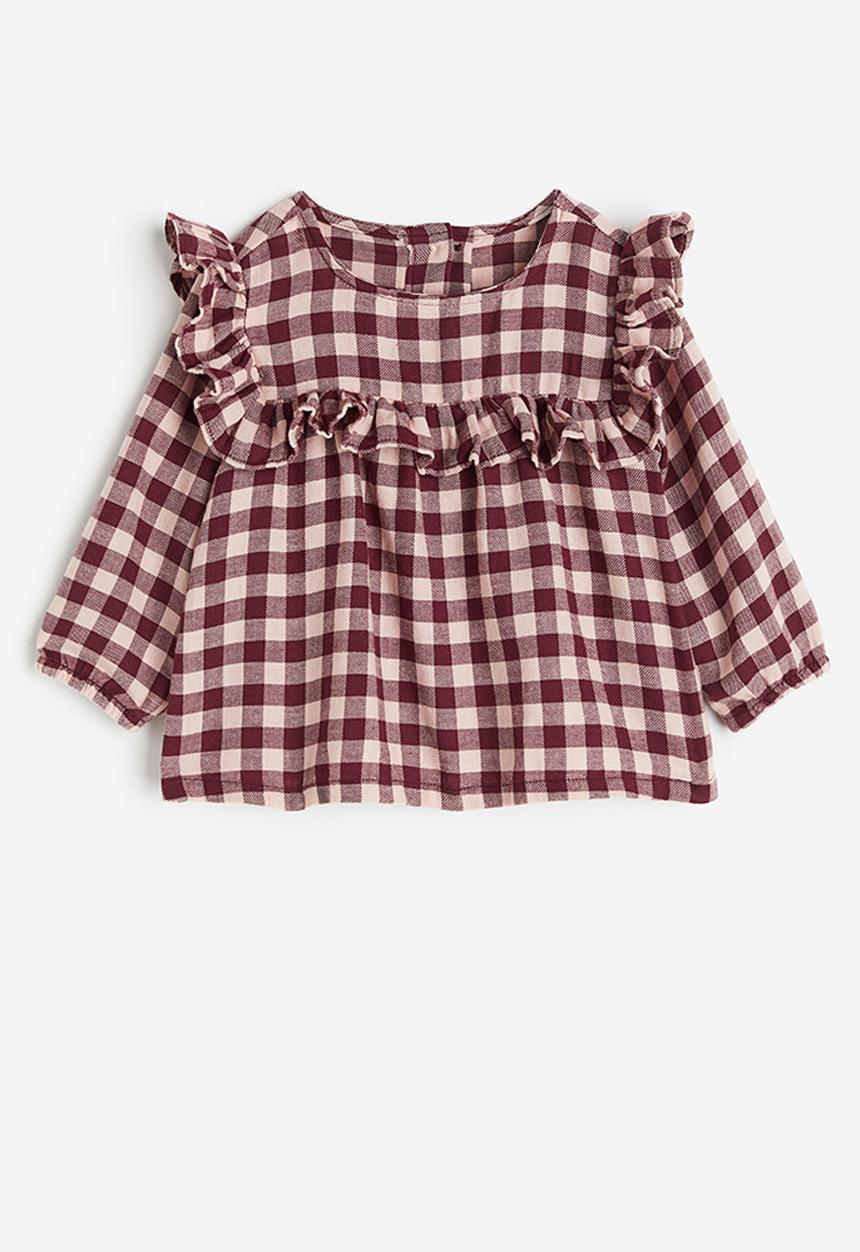 H&M - Frill-trimmed flannel blouse - dark red checked 