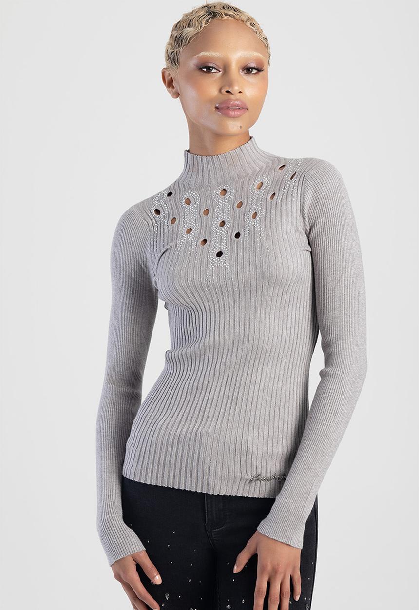 SISSY BOY - Holy Diamante Turtle Top - Grey Melange/ Silver