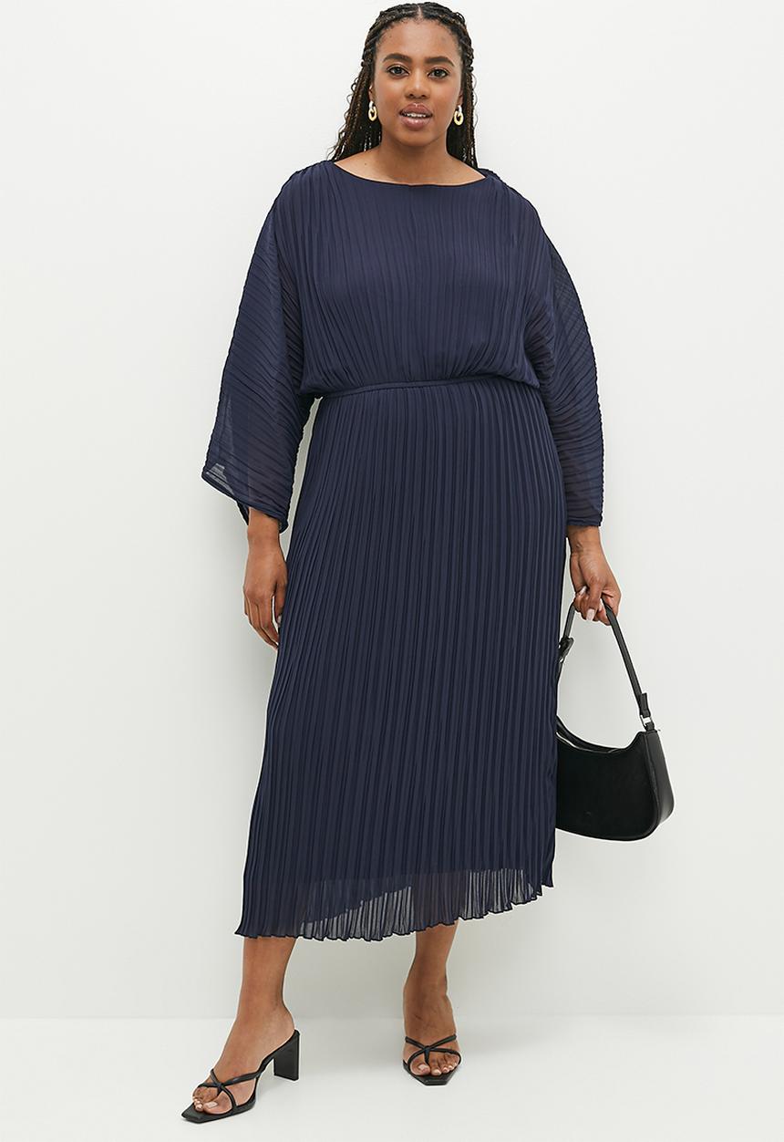 edit Plus - Plus slash neck pleated fit & flare dress - ink