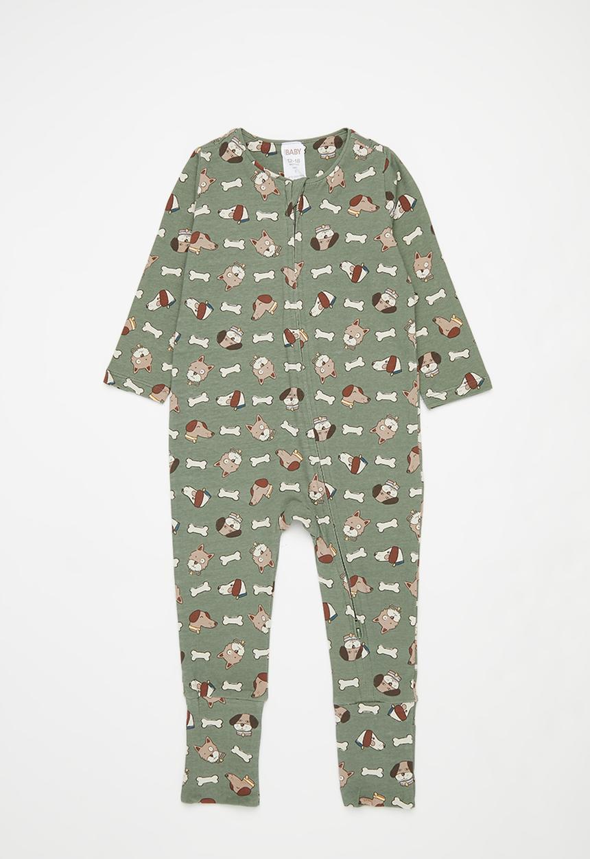 Cotton On - The long sleeve zip romper - swag green/dog with a bone