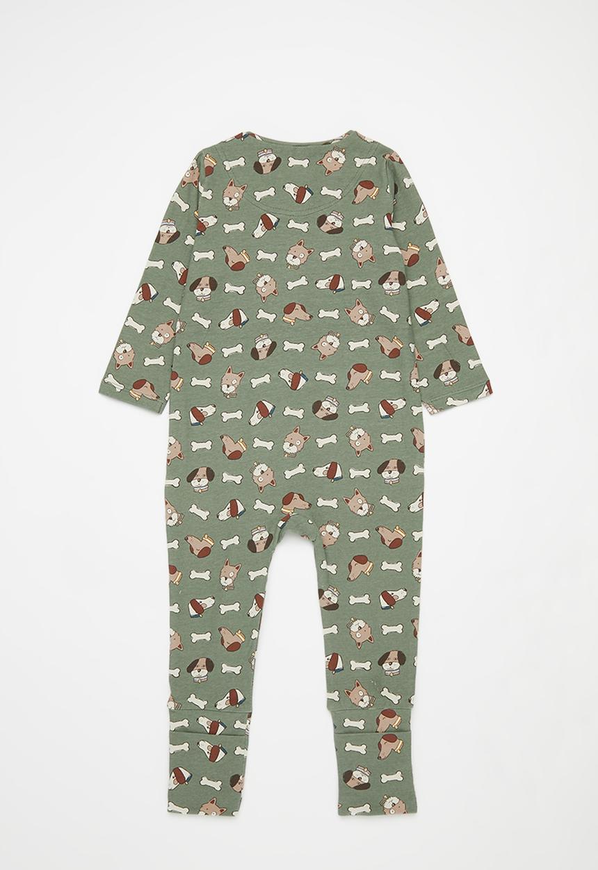 Cotton On - The long sleeve zip romper - swag green/dog with a bone