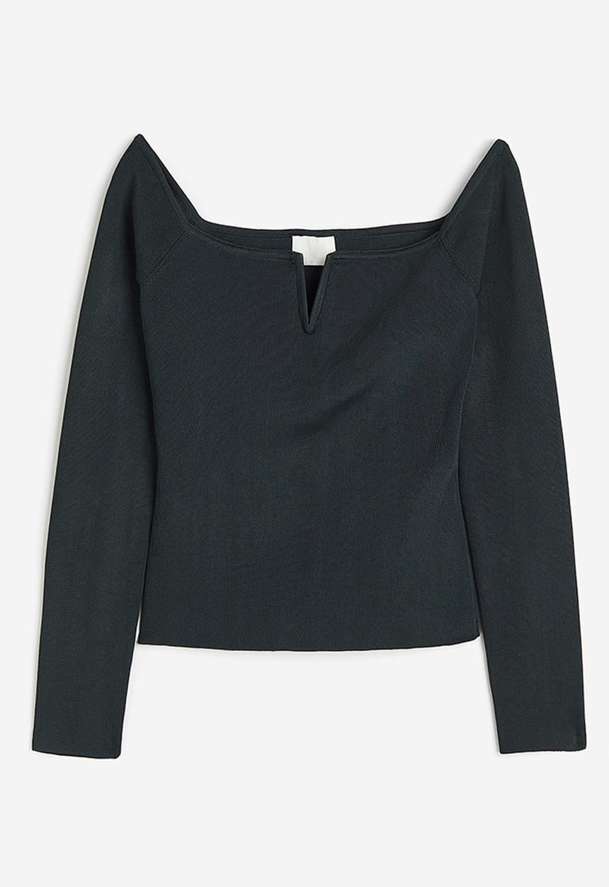 H&M - Rib-knit off-the-shoulder top - dark green