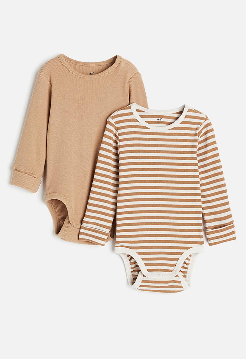 H&M - 2-Pack adjustable-fit long-sleeved bodysuits - beige & striped