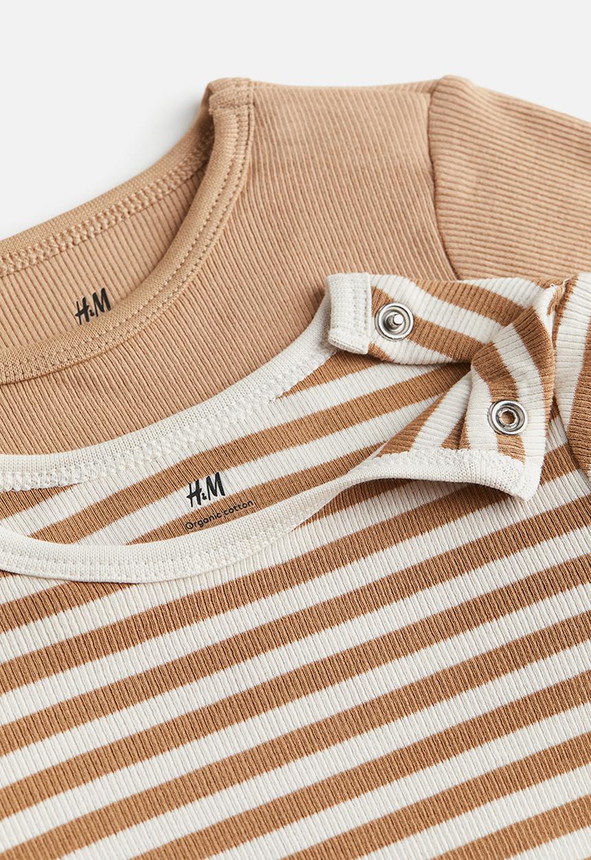 H&M - 2-Pack adjustable-fit long-sleeved bodysuits - beige & striped