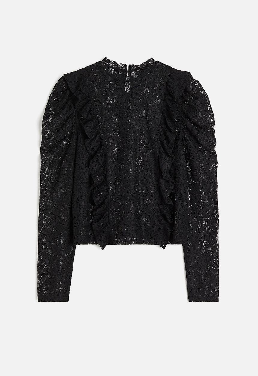 H&M - Frill-trimmed puff-sleeved lace top - black