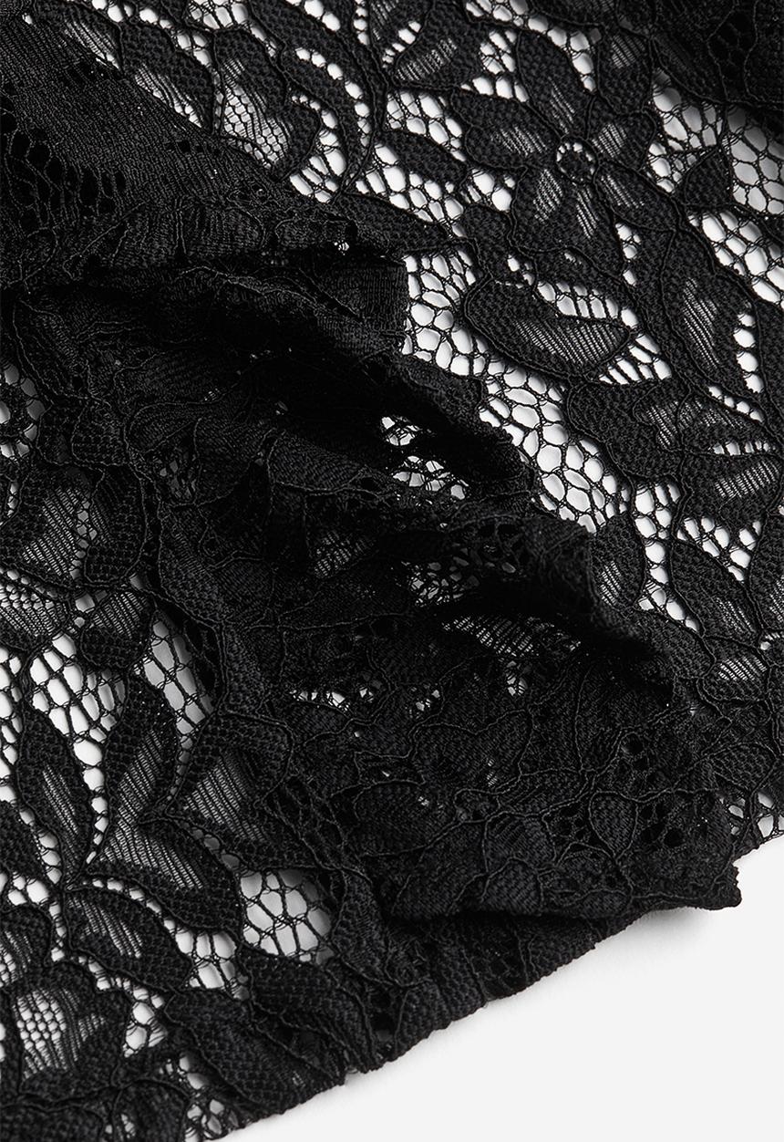 H&M - Frill-trimmed puff-sleeved lace top - black