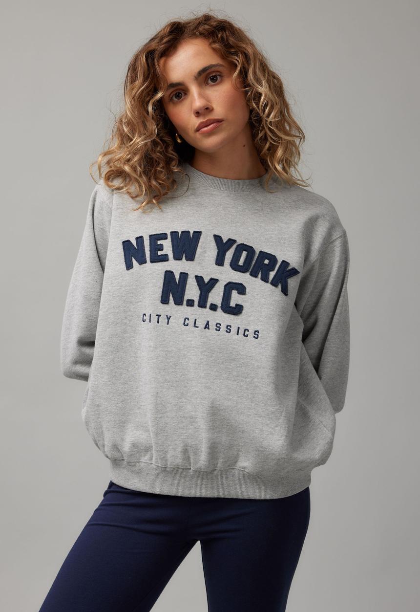 Factorie - Graphic Crew Sweater - Grey Marle/NYC