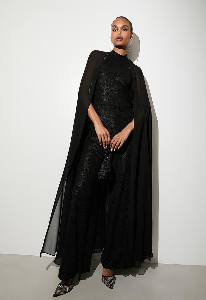 VELVET - Sequin sheer cape jumpsuit - black