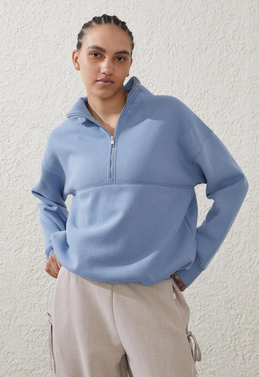 Cotton On - Plush Essential Half Zip Jumper - Forever Blue