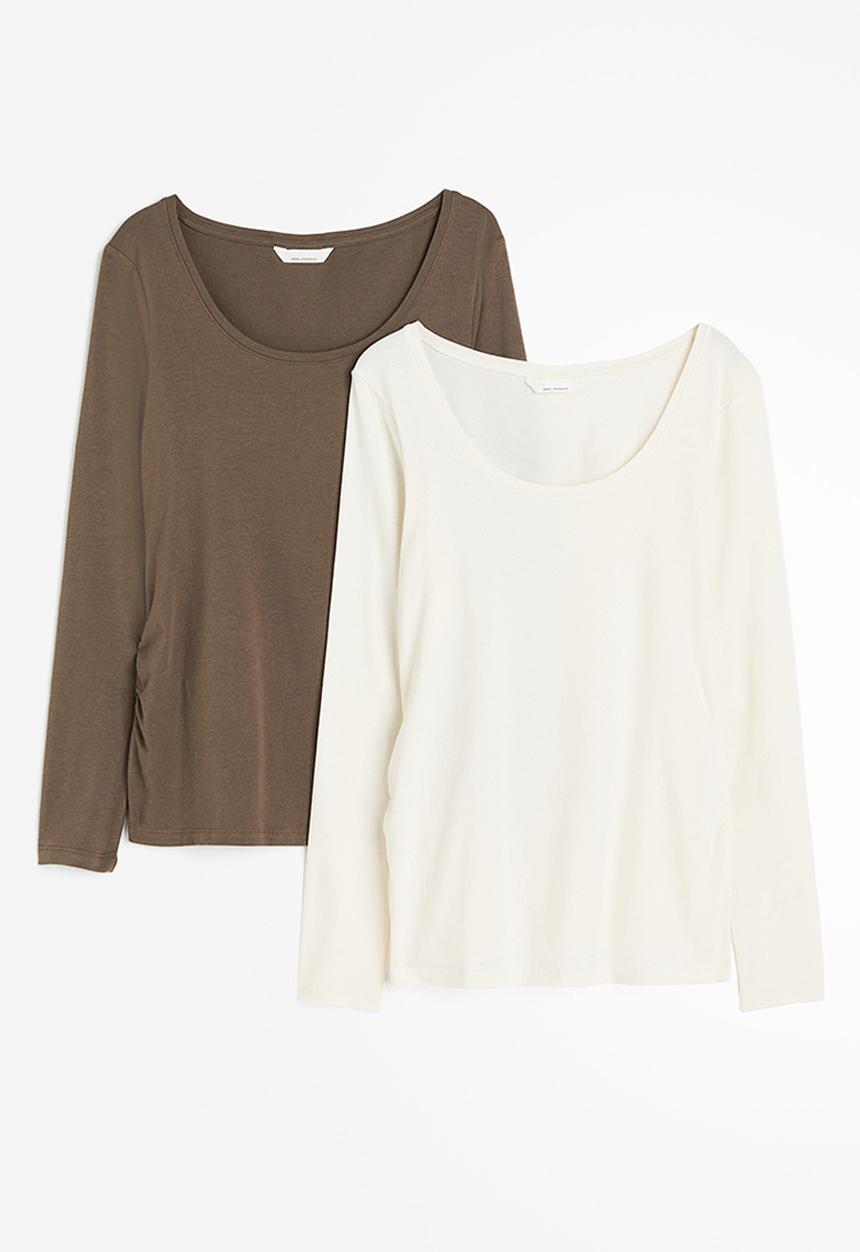 H&M - Mama 2-pack cotton tops - brown, white
