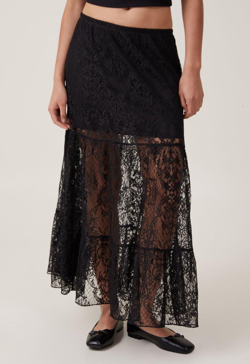Lace Tiered Maxi Skirt - Black