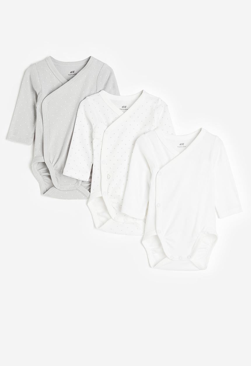 H&M - 3 pack long-sleeved bodysuits - white & grey spotted
